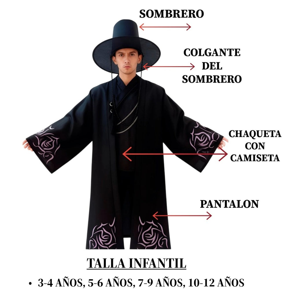Disfraz Guerrero K-Pop Infantil con Sombrero Gat y Túnica Negra - Conjunto Moderno Pop Star Coreano para Niños