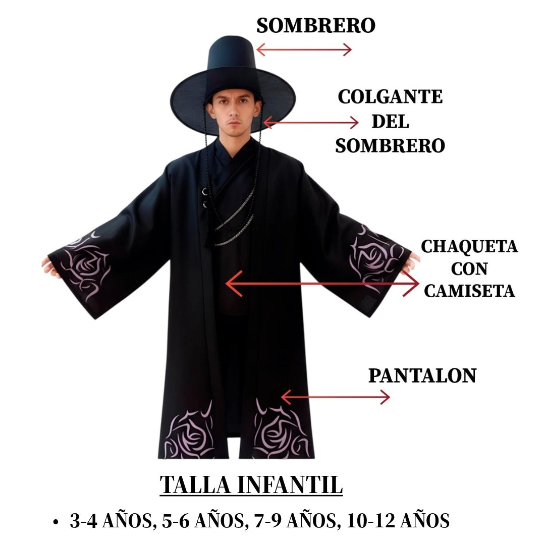 Disfraz Guerrero K-Pop Infantil con Sombrero Gat y Túnica Negra - Conjunto Moderno Pop Star Coreano para Niños