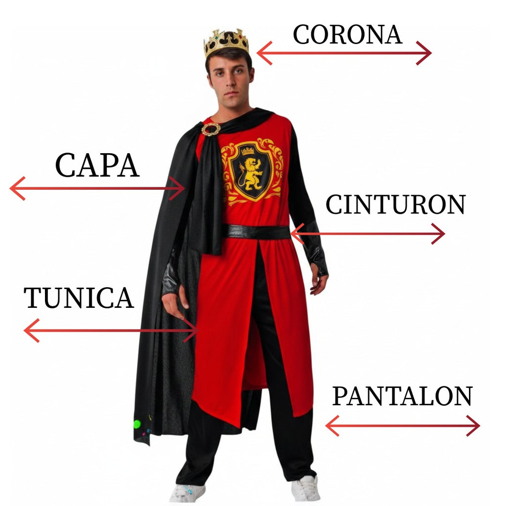 Disfraz de Rey Medieval para Hombre - Set Completo con Capa, Túnica y Corona | Traje de Caballero Real para Carnaval, Halloween y Fiestas Temáticas - Talla Única
