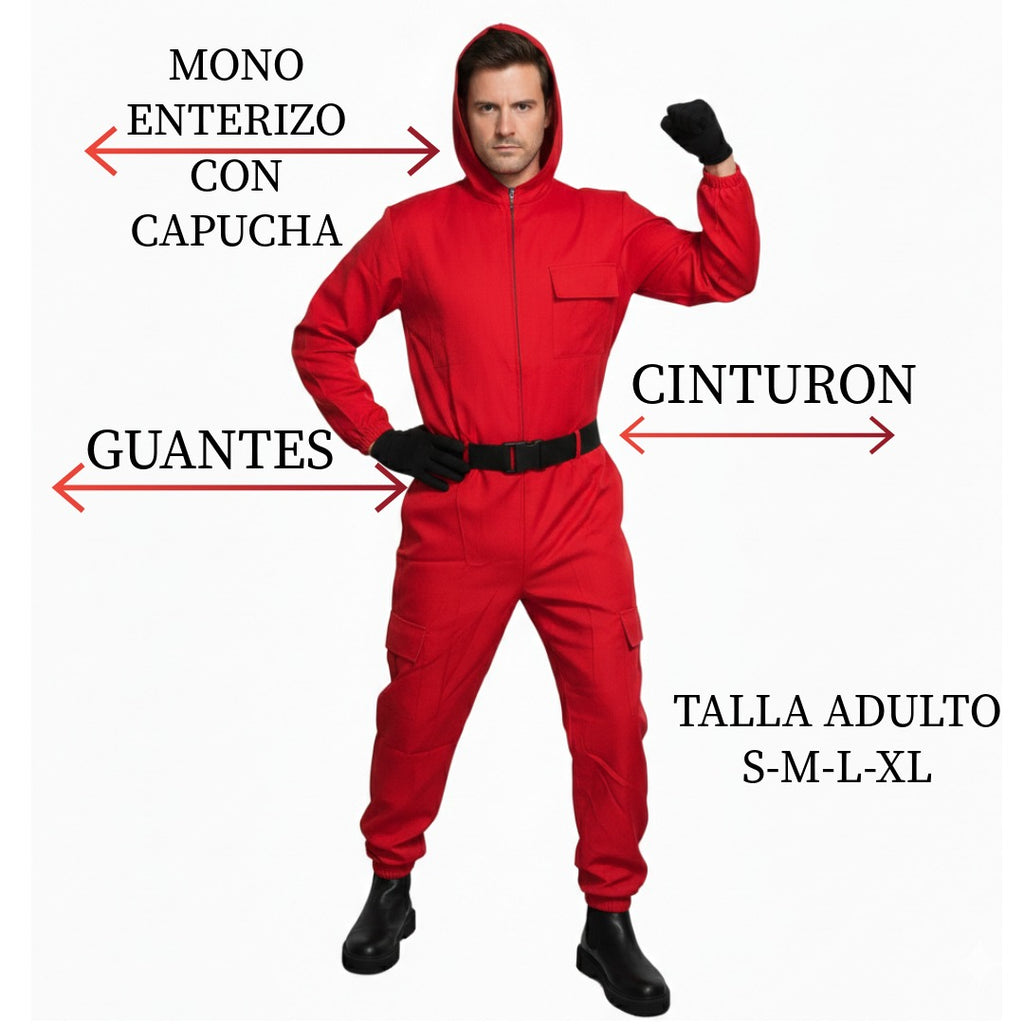 Mono Rojo de Supervivencia Adulto - Traje de Vigilante con Accesorios Negros - Disfraz de Grupo para Fiestas de Disfraces y Cosplay