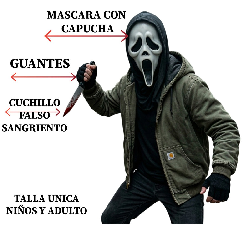 Pack Disfraz Terror Slasher - Máscara con Capucha, Guantes y Cuchillo Sangriento Falso - Talla Única Adulto y Niño - Kit Completo para Halloween, Carnaval y Fiestas Temáticas