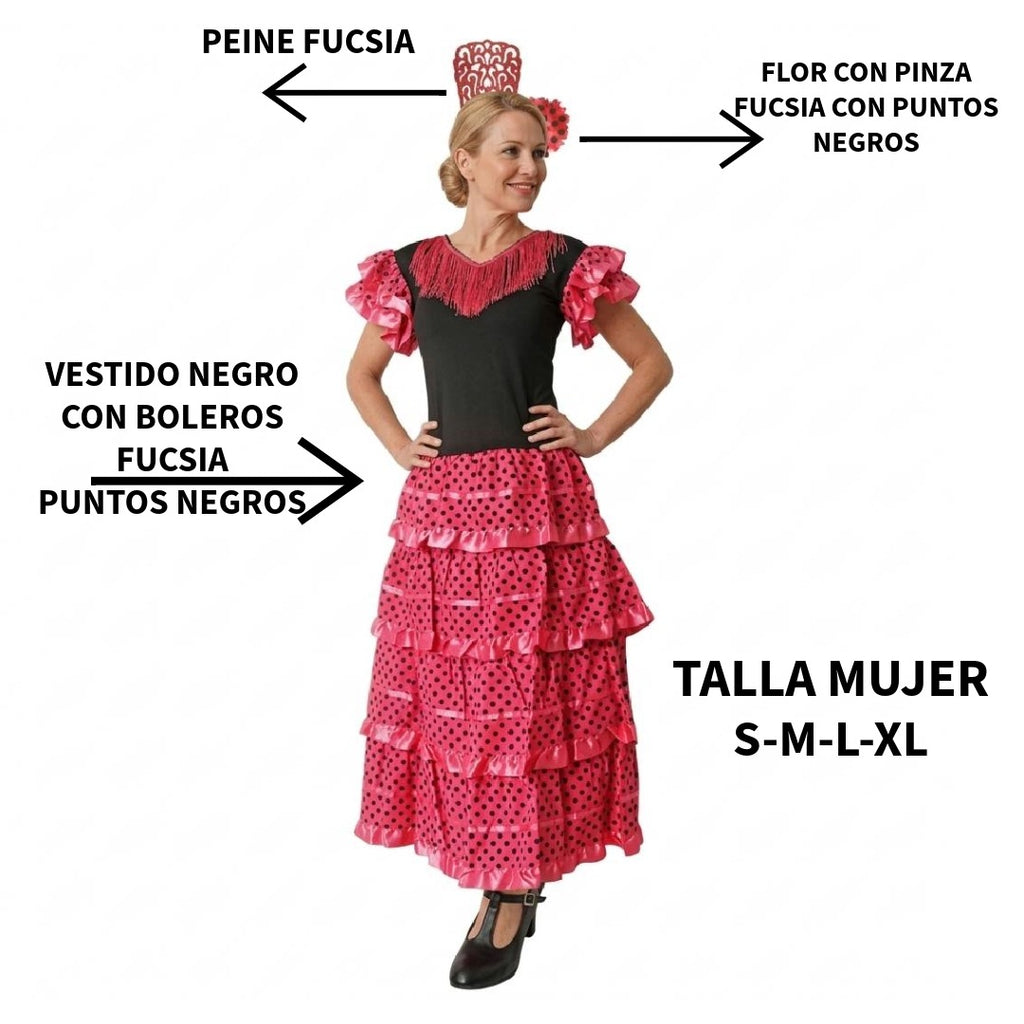 Disfraz de Flamenca Sevillana Mujer Negro y Fucsia con Lunares | Vestido Española para Feria, Carnaval y Fiestas - Tallas S a XL