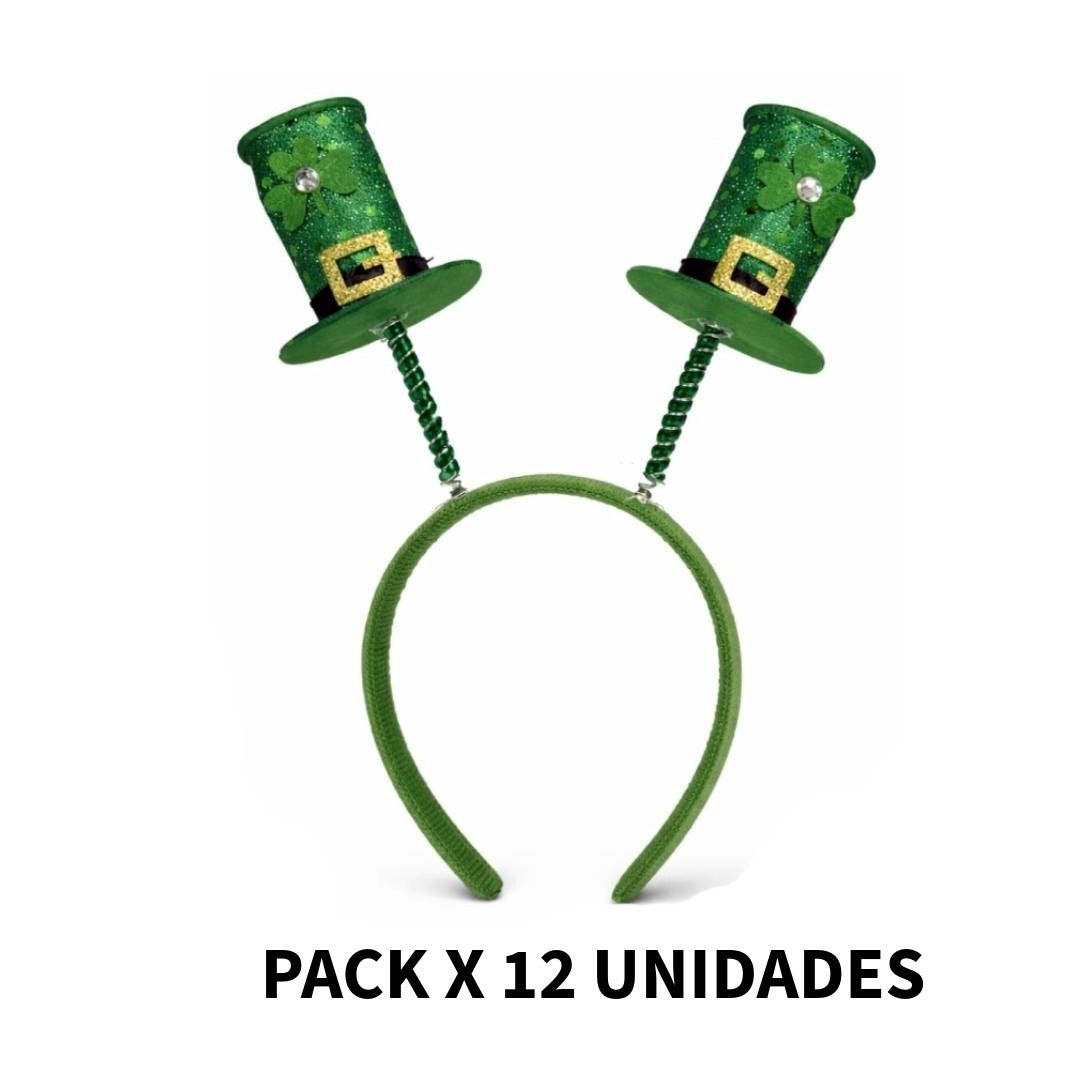 Pack 12 Diademas de San Patricio con Mini Sombreros de Copa Verdes con Brillo y Trébol – Accesorios para Disfraz de Carnaval, Fiestas Temáticas, Photocall y Eventos – Talla Única Flexible