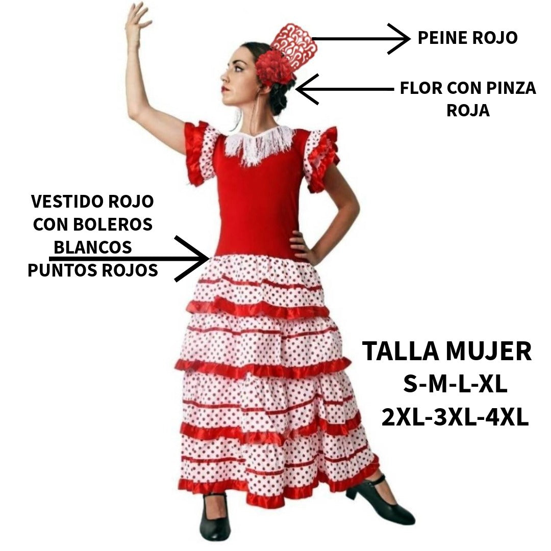 Vestido de Flamenca Mujer Traje Sevillana Rojo y Lunares con Flor y Peineta | Disfraz Andaluza Feria de Abril y Carnaval