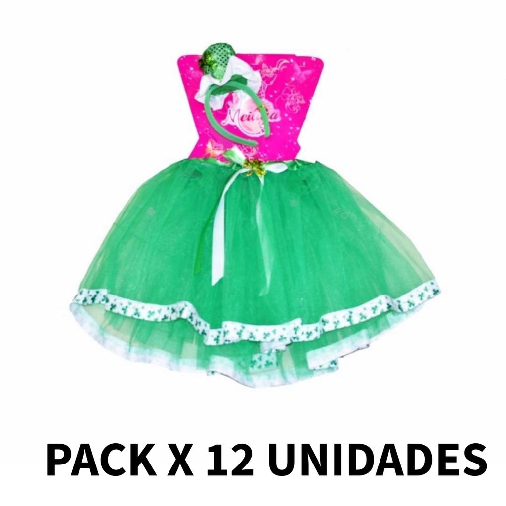 Lote 12 Disfraces Económicos: Tutú Verde + Diadema con Brillo. Pack Fiesta Grupal San Patricio / Carnaval.