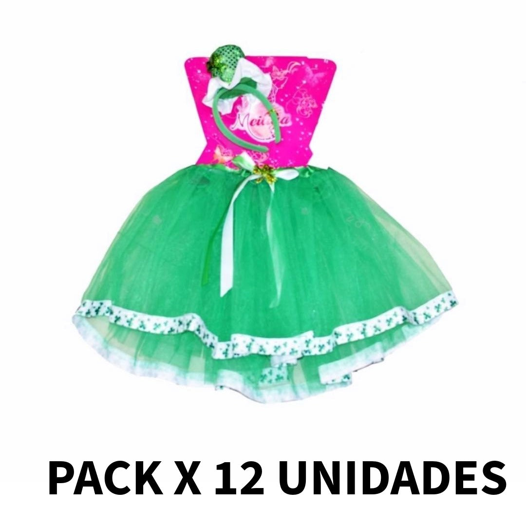 Lote 12 Disfraces Económicos: Tutú Verde + Diadema con Brillo. Pack Fiesta Grupal San Patricio / Carnaval.