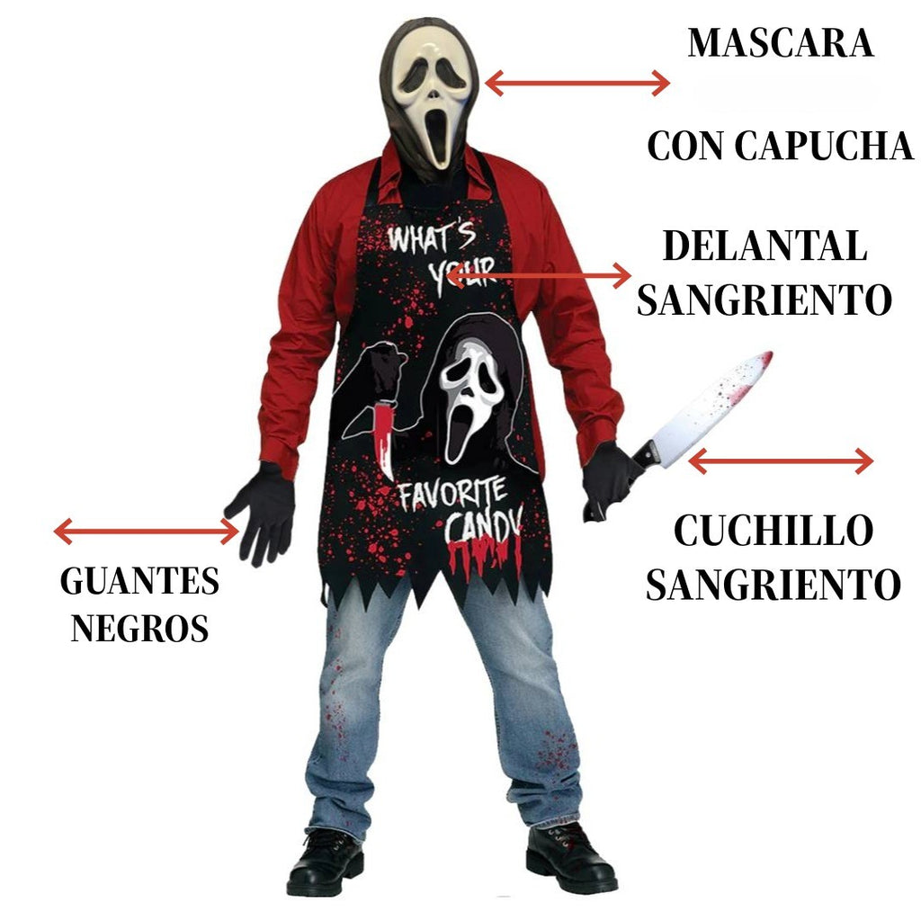Disfraz de Asesino de Terror para Adulto - Kit Completo de Halloween: Máscara de Grito, Delantal Sangriento, Cuchillo y Guantes - Talla Única Hombre para Carnaval y Fiestas Temáticas