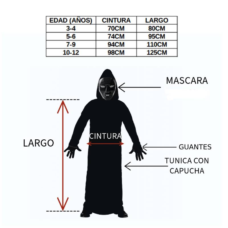 Disfraz de jefe Enmascarado Negro con Túnica y Capucha | Cosplay Infantil para Fiestas Halloween y Carnaval | Talla 3-12 años