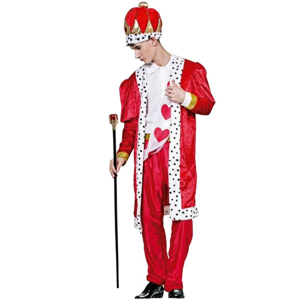Disfraz de Rey de Corazones Adulto - Chaqueta Roja, Gorro con Corona, Bastón, Bandana y Pantalón - Talla Única Carnaval, Halloween y Fiestas Temáticas