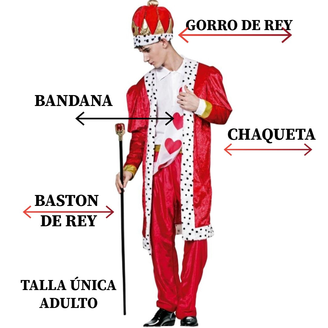 Disfraz de Rey de Corazones Adulto - Chaqueta Roja, Gorro con Corona, Bastón, Bandana y Pantalón - Talla Única Carnaval, Halloween y Fiestas Temáticas