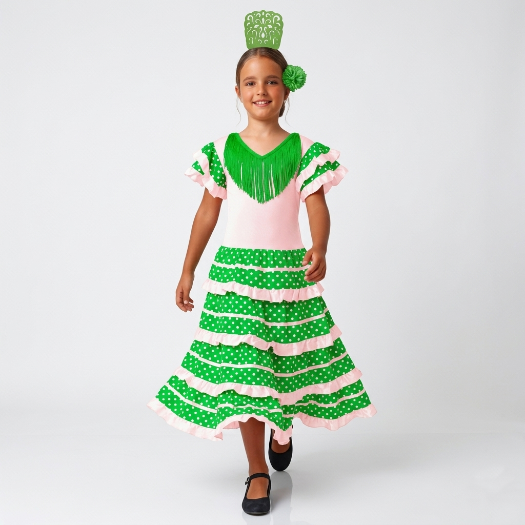 Disfraz Flamenca Niña Vestido Sevillana con Lunares y Accesorios - Traje de Gitana | Carnaval, Ferias y Fiestas