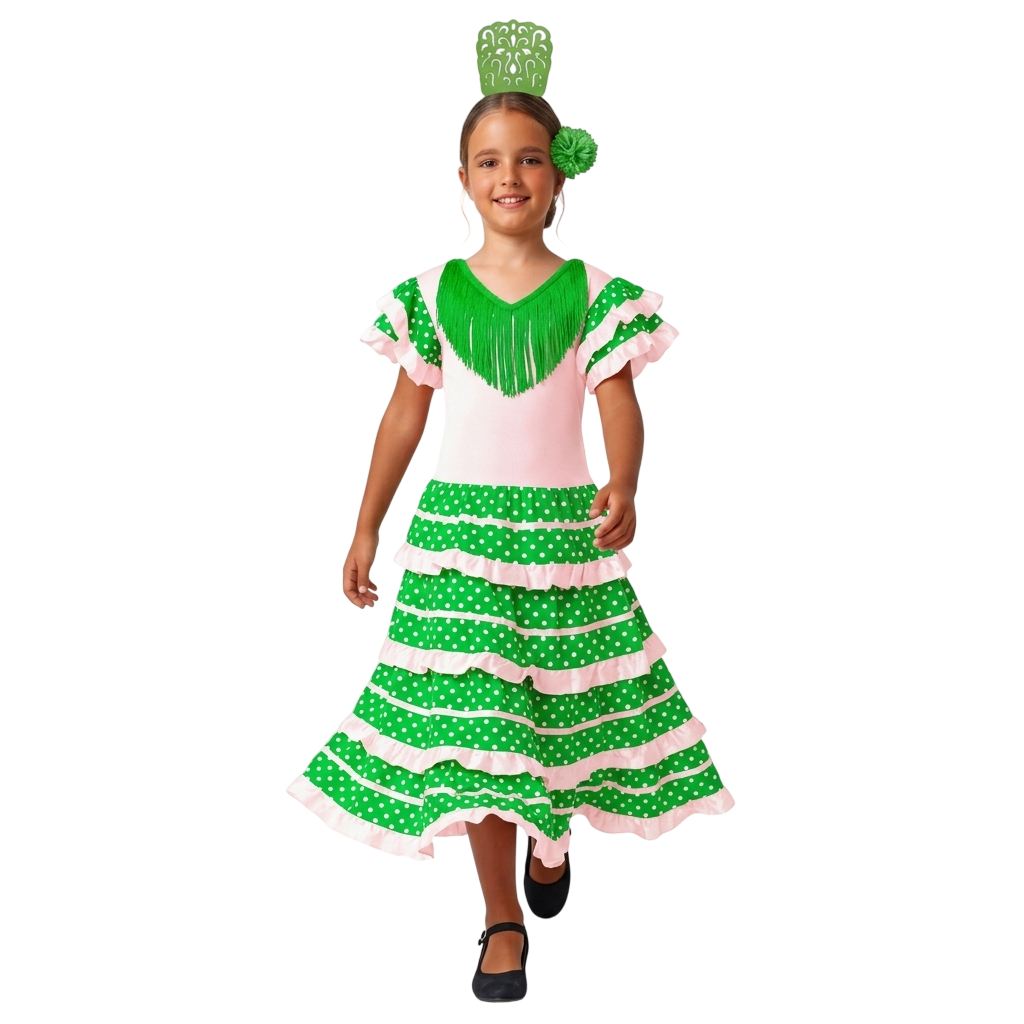 Disfraz Flamenca Niña Vestido Sevillana con Lunares y Accesorios - Traje de Gitana | Carnaval, Ferias y Fiestas