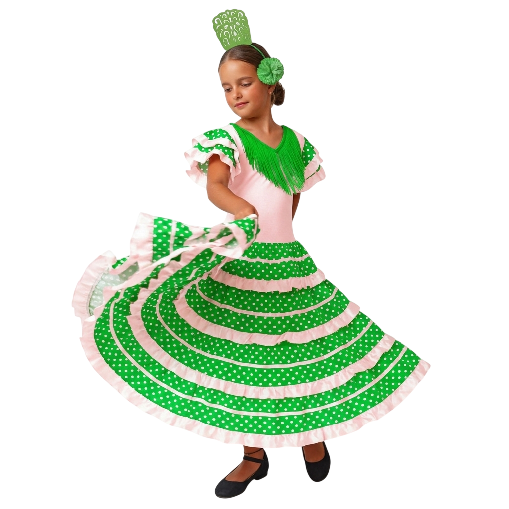 Disfraz Flamenca Niña Vestido Sevillana con Lunares y Accesorios - Traje de Gitana | Carnaval, Ferias y Fiestas