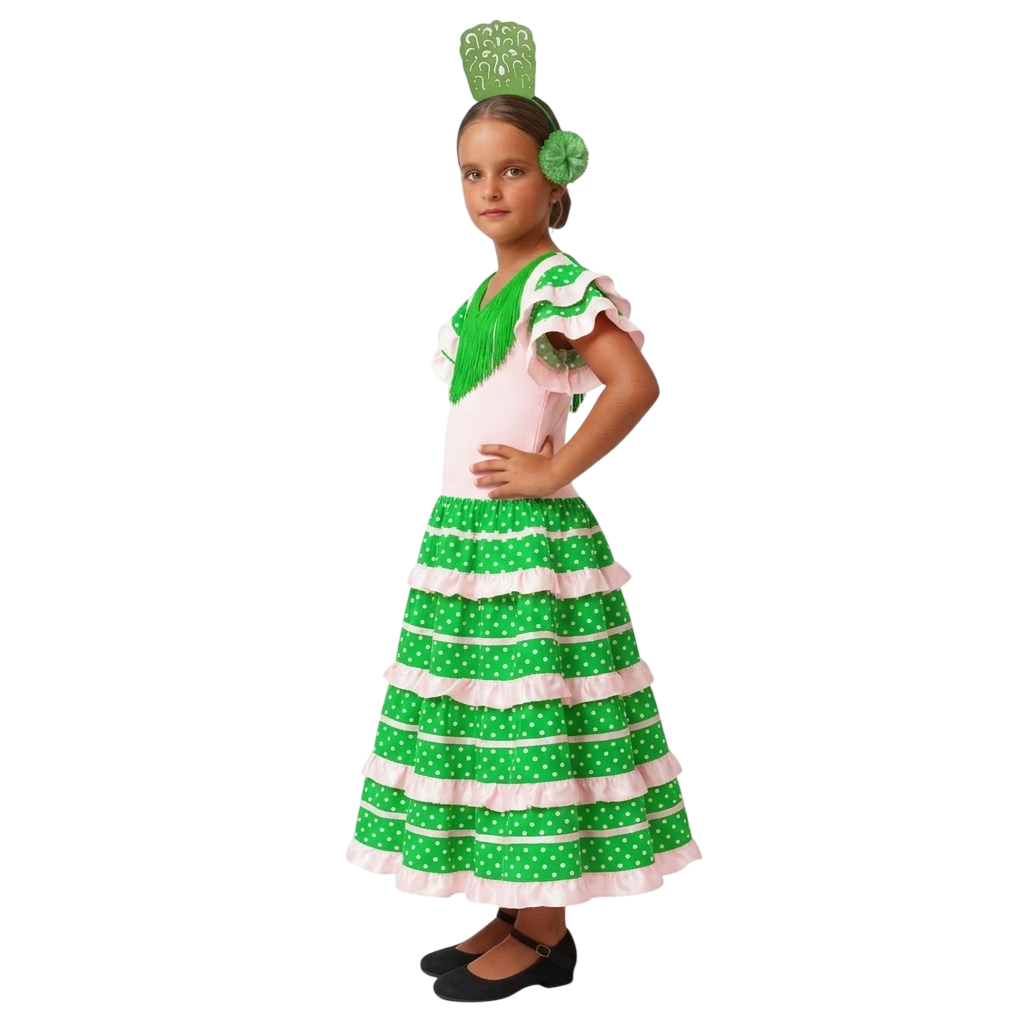 Disfraz Flamenca Niña Vestido Sevillana con Lunares y Accesorios - Traje de Gitana | Carnaval, Ferias y Fiestas