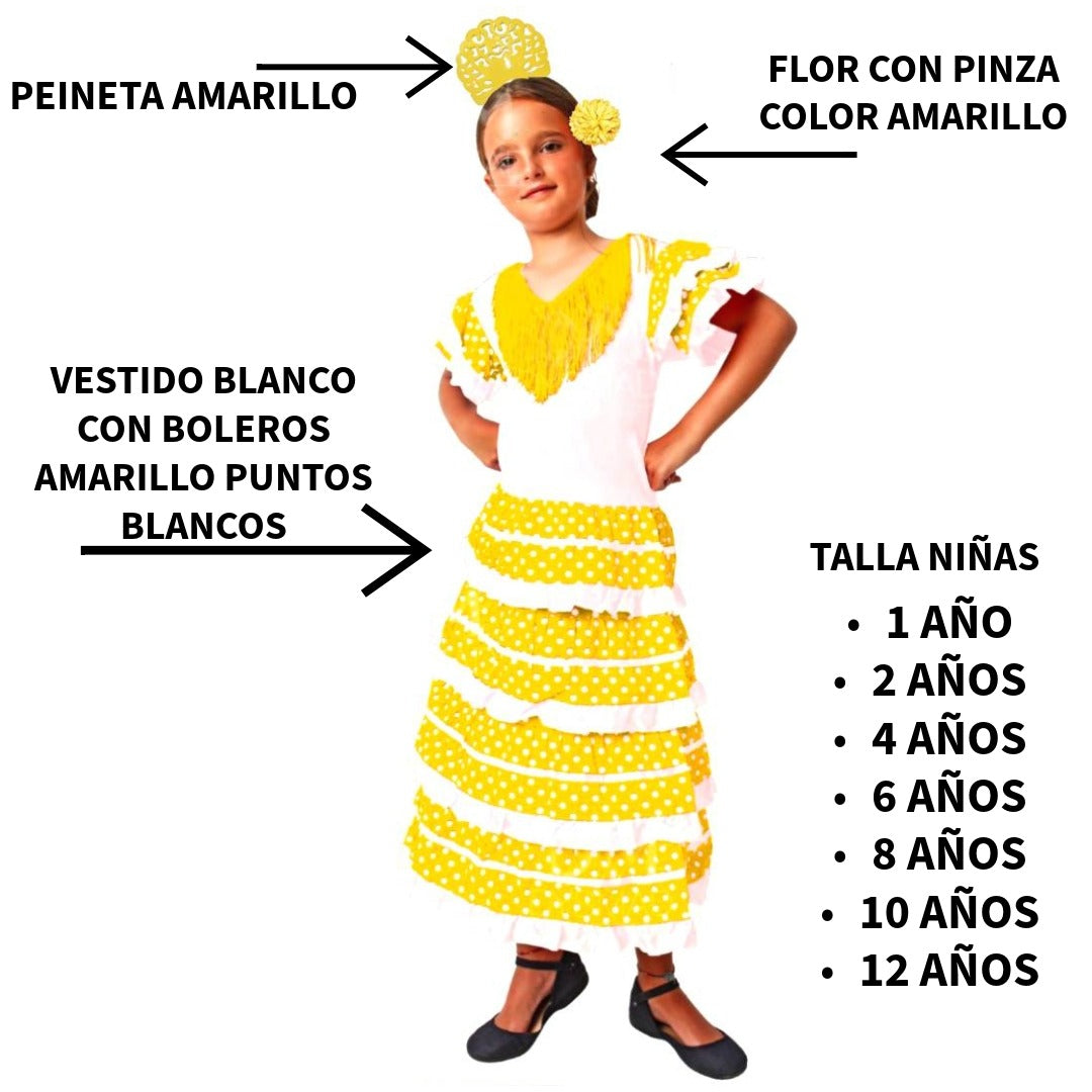 Vestido Flamenca Niña : Traje de Sevillana con Lunares, Peineta y Flor para Feria, Carnaval y Eventos Escolares