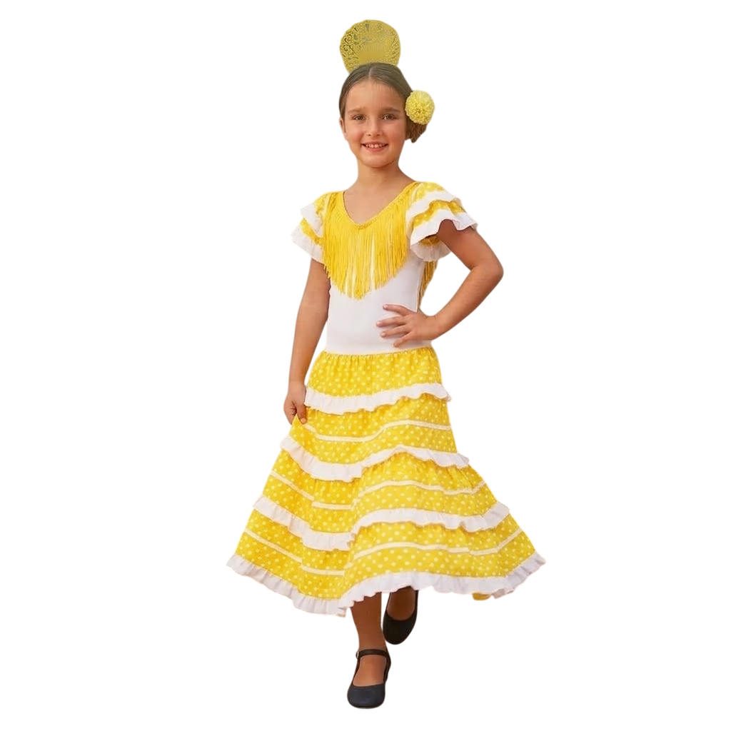 Vestido Flamenca Niña : Traje de Sevillana con Lunares, Peineta y Flor para Feria, Carnaval y Eventos Escolares