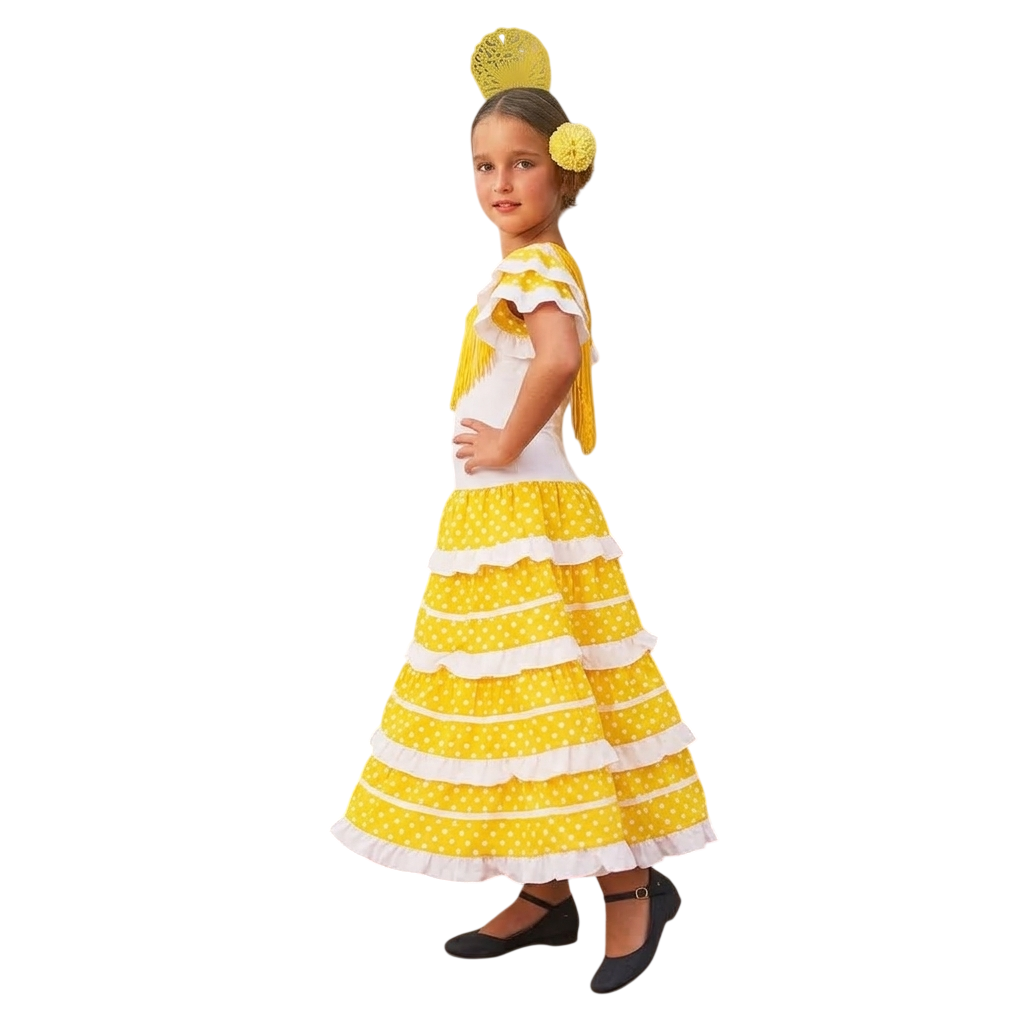 Vestido Flamenca Niña : Traje de Sevillana con Lunares, Peineta y Flor para Feria, Carnaval y Eventos Escolares