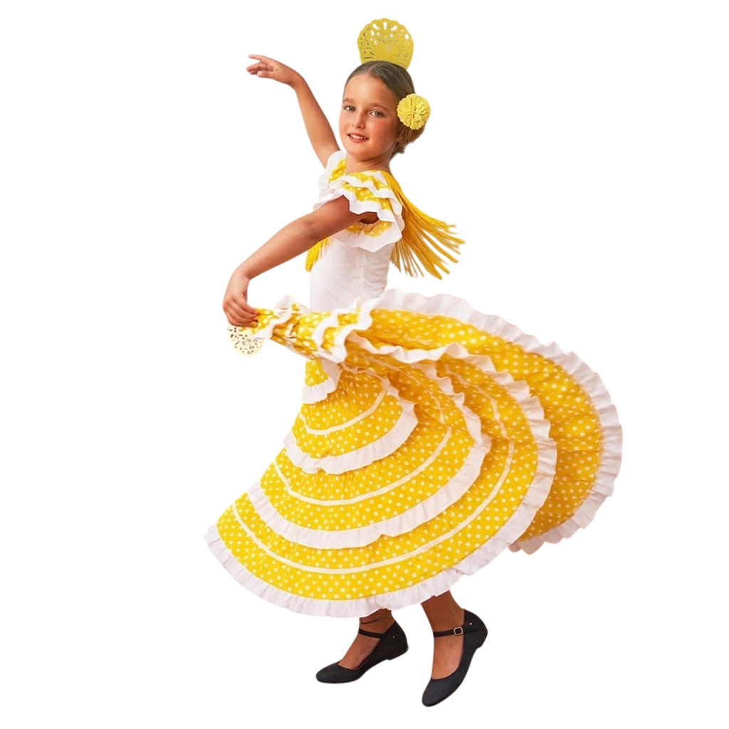 Vestido Flamenca Niña : Traje de Sevillana con Lunares, Peineta y Flor para Feria, Carnaval y Eventos Escolares