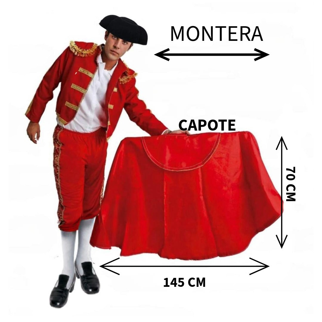 Kit Torero para disfraz Capote Rojo (145x70cm) + Montera a Elegir | Sombrero Talla única Adulto Carnaval, Teatro y Eventos