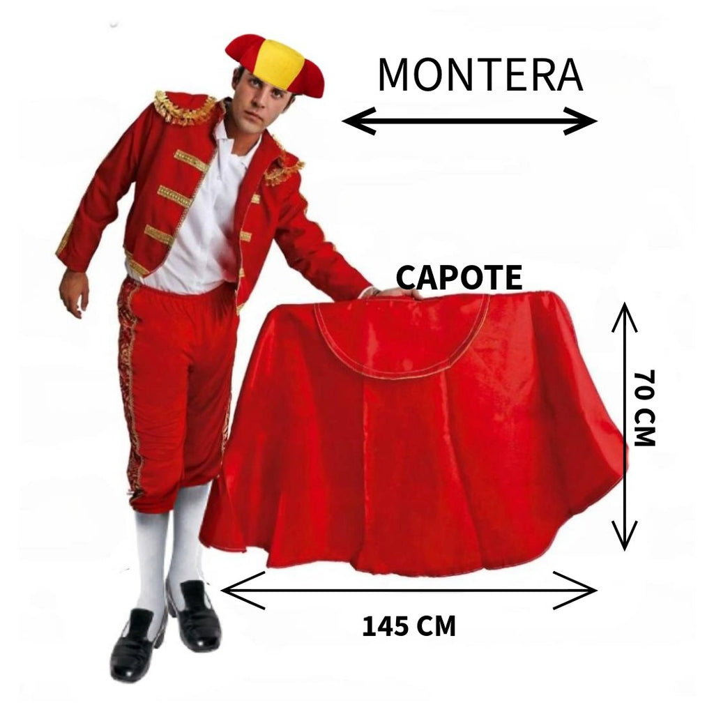 Kit Torero para disfraz Capote Rojo (145x70cm) + Montera a Elegir | Sombrero Talla única Adulto Carnaval, Teatro y Eventos