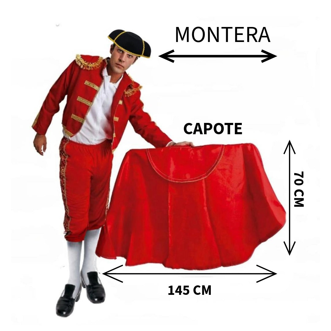 Kit Torero para disfraz Capote Rojo (145x70cm) + Montera a Elegir | Sombrero Talla única Adulto Carnaval, Teatro y Eventos