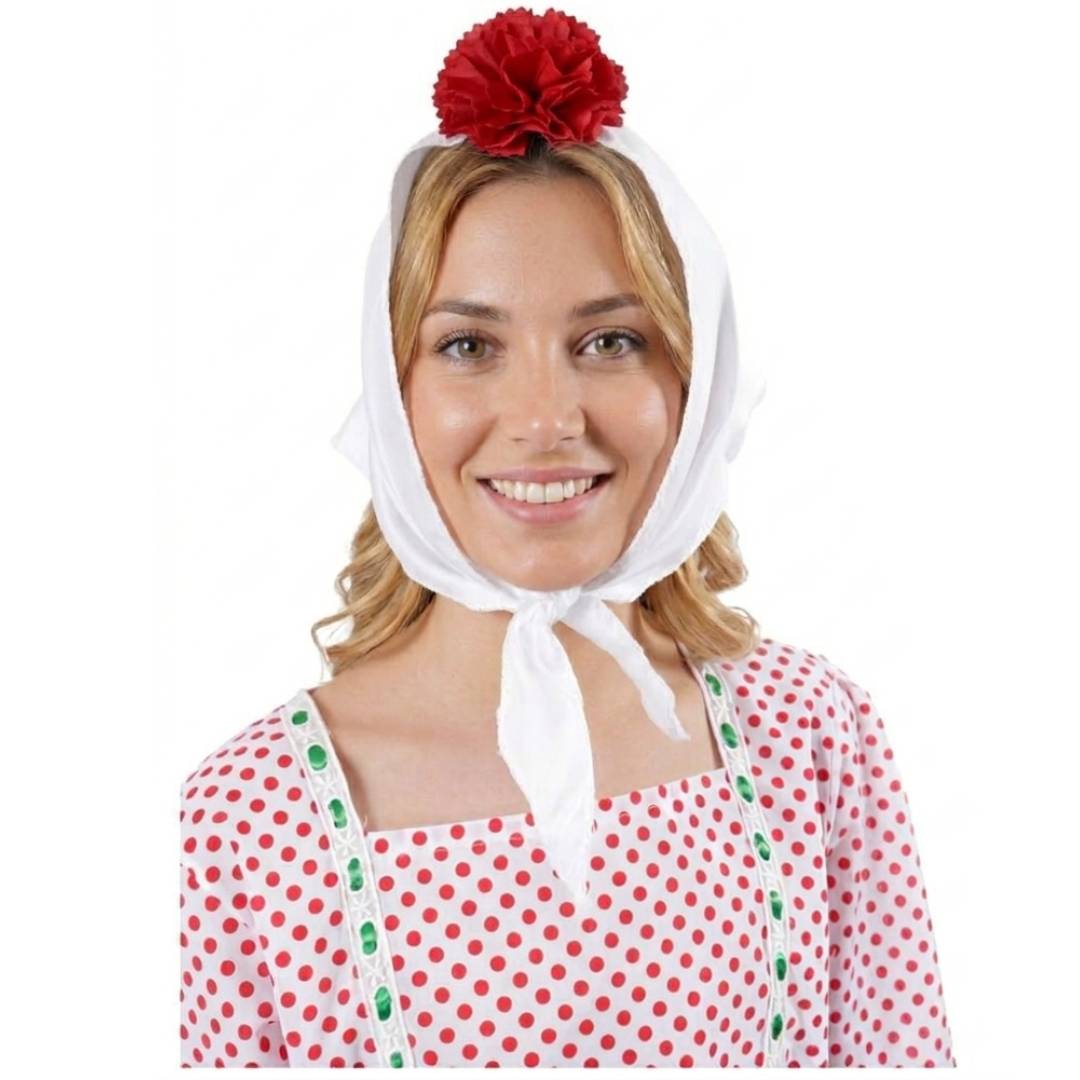 Lote 24 Accesorios Disfraz Chulapa: 12 Pañuelos Blancos + 12 Claveles (Rojo/Rosa/Blanco) para Mujer Adulto. Pack Ahorro Fiesta Temática.