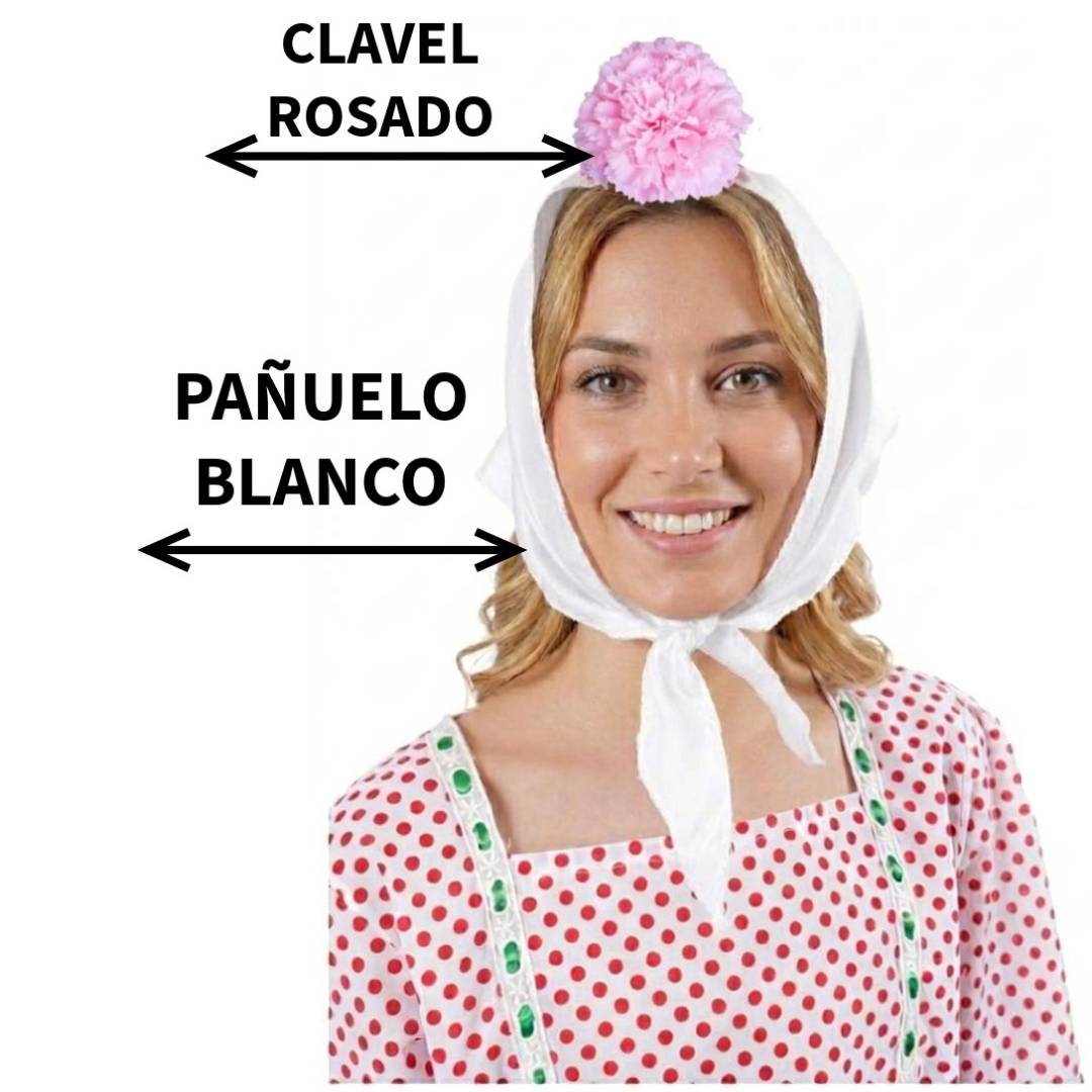 Lote 24 Accesorios Disfraz Chulapa: 12 Pañuelos Blancos + 12 Claveles (Rojo/Rosa/Blanco) para Mujer Adulto. Pack Ahorro Fiesta Temática.