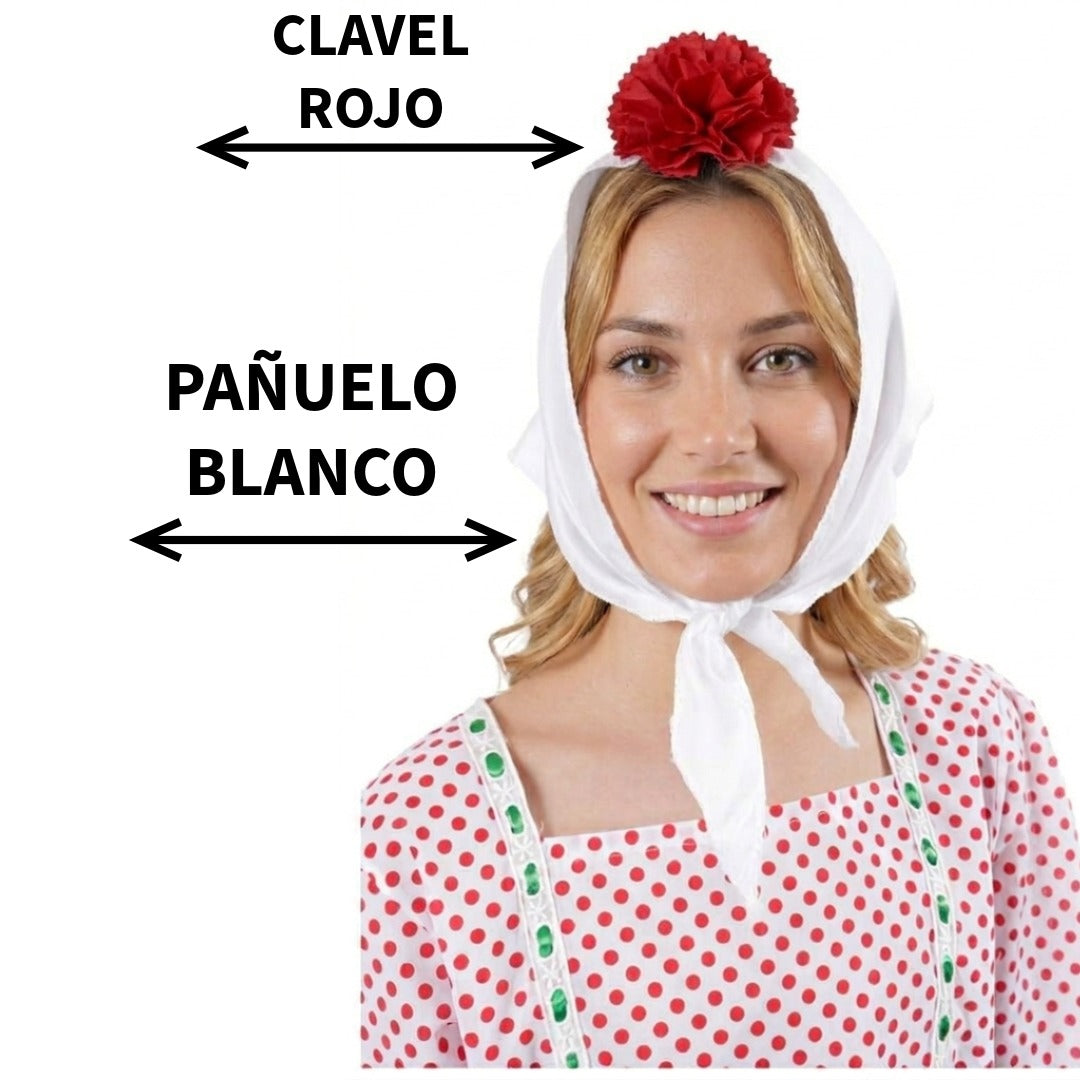 Lote 24 Accesorios Disfraz Chulapa: 12 Pañuelos Blancos + 12 Claveles (Rojo/Rosa/Blanco) para Mujer Adulto. Pack Ahorro Fiesta Temática.