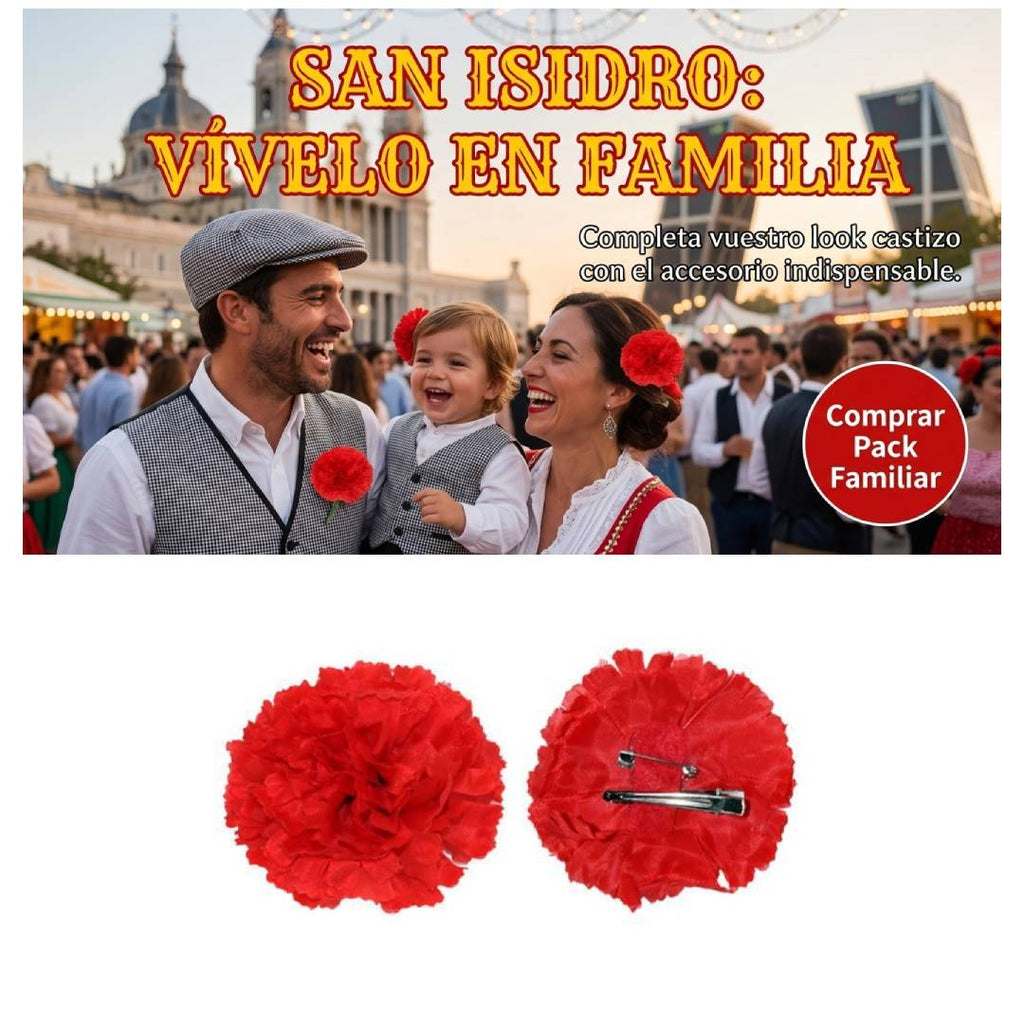 Pack 12 Claveles Rojos con Pinza para Pelo y Solapa | Flores Artificiales Chulapo San Isidro, Bodas, Flamenca y Disfraces