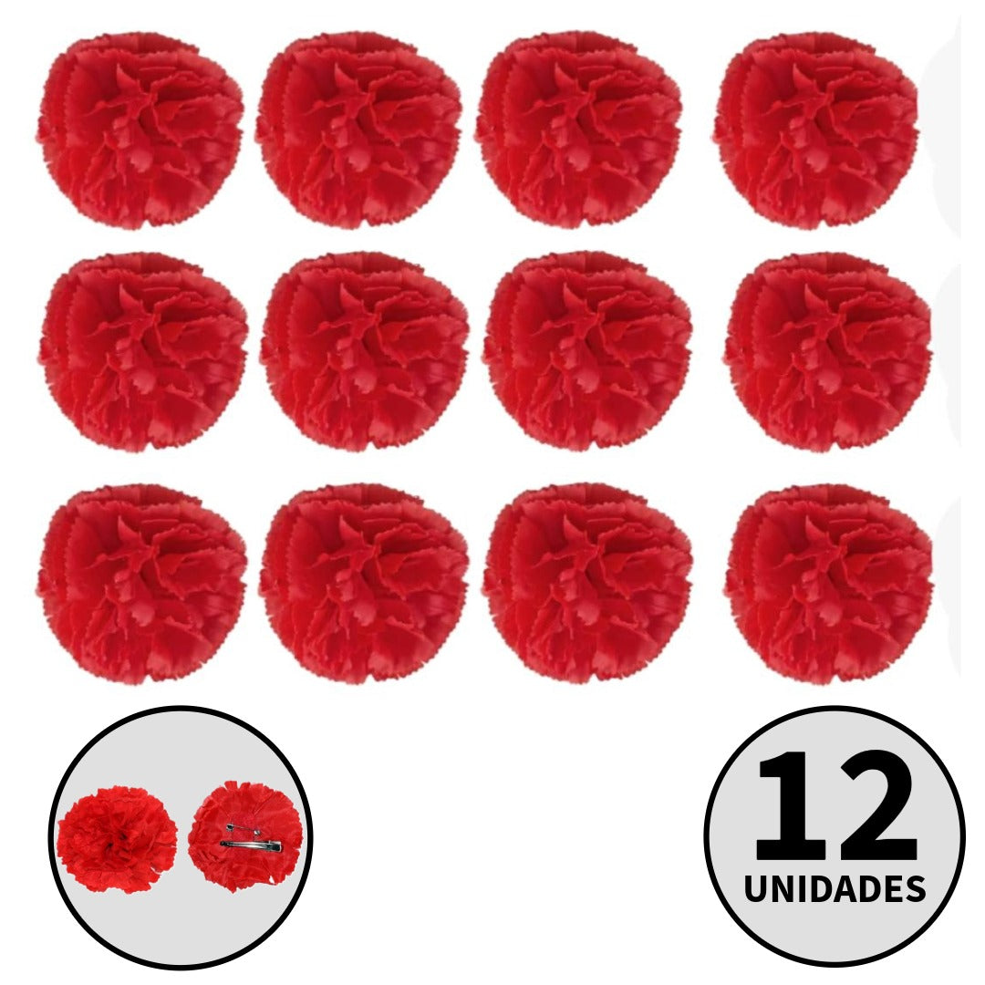 Pack 12 Claveles Rojos con Pinza para Pelo y Solapa | Flores Artificiales Chulapo San Isidro, Bodas, Flamenca y Disfraces
