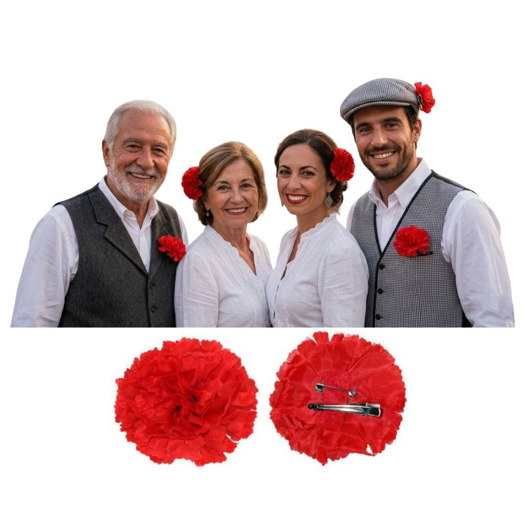 Pack 12 Claveles Rojos con Pinza para Pelo y Solapa | Flores Artificiales Chulapo San Isidro, Bodas, Flamenca y Disfraces