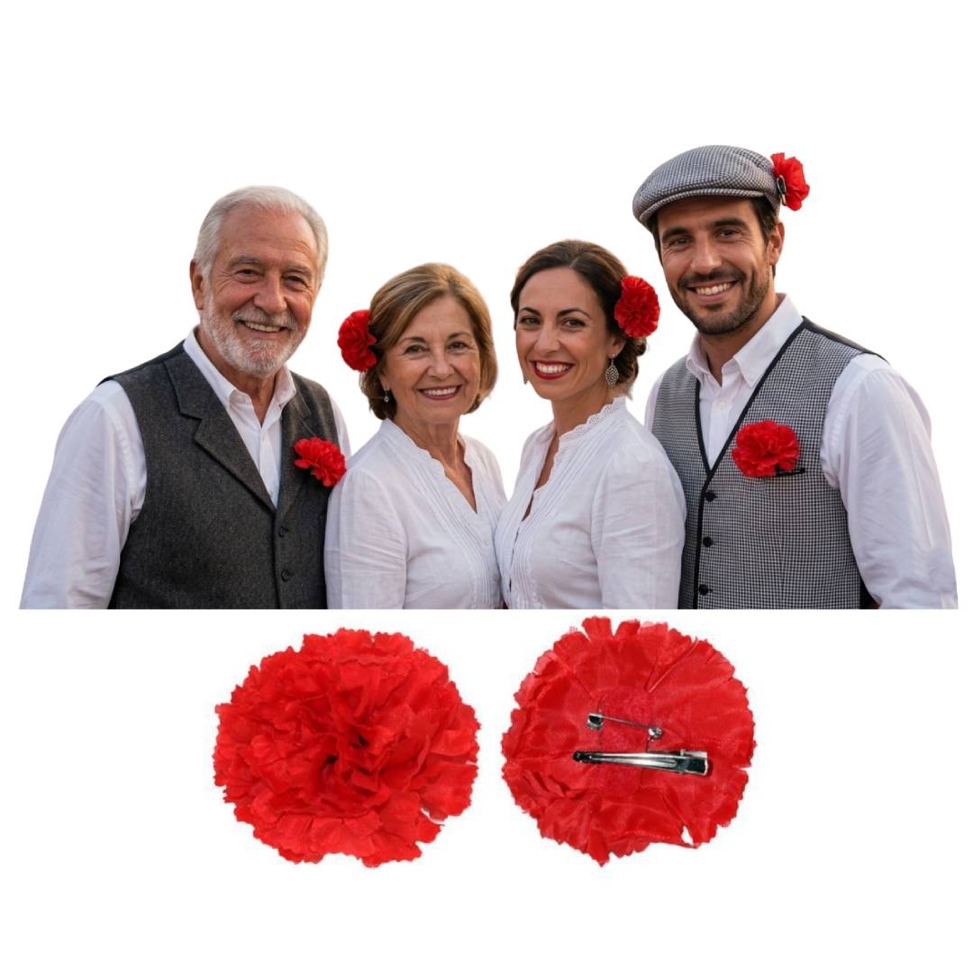 Pack 12 Claveles Rojos con Pinza para Pelo y Solapa | Flores Artificiales Chulapo San Isidro, Bodas, Flamenca y Disfraces
