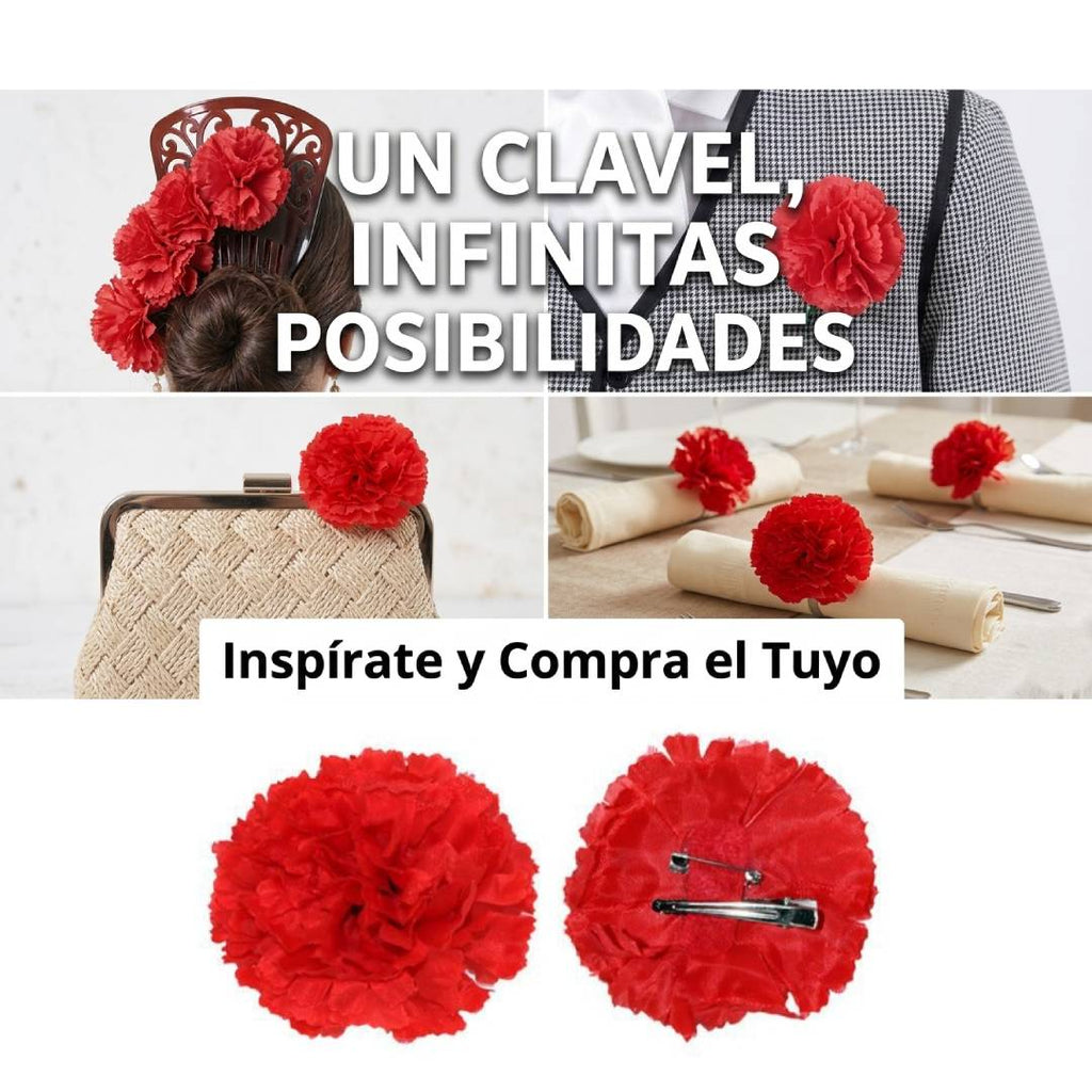 Pack 12 Claveles Rojos con Pinza para Pelo y Solapa | Flores Artificiales Chulapo San Isidro, Bodas, Flamenca y Disfraces
