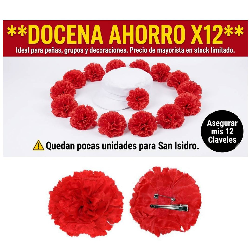 Pack 12 Claveles Rojos con Pinza para Pelo y Solapa | Flores Artificiales Chulapo San Isidro, Bodas, Flamenca y Disfraces