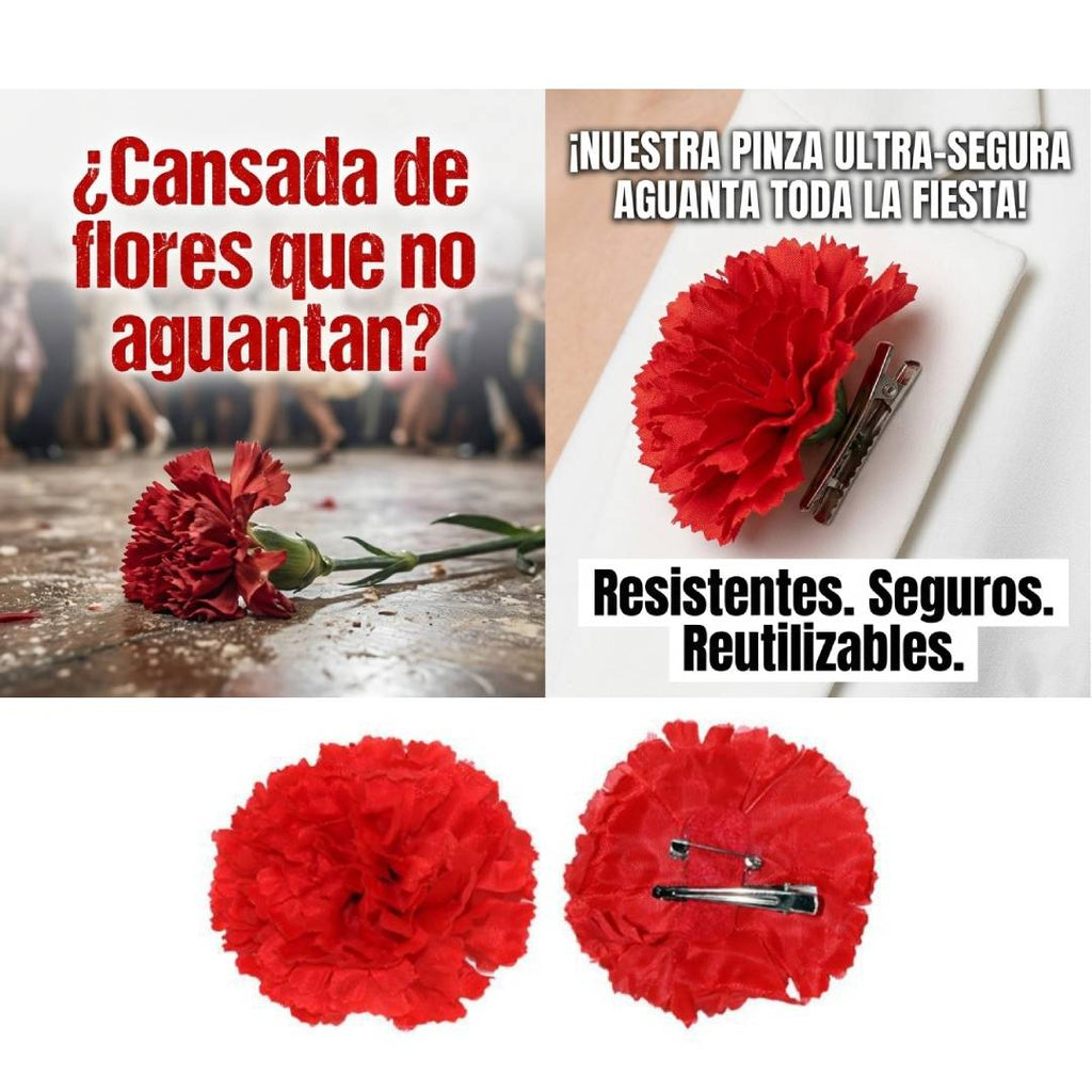 Pack 12 Claveles Rojos con Pinza para Pelo y Solapa | Flores Artificiales Chulapo San Isidro, Bodas, Flamenca y Disfraces
