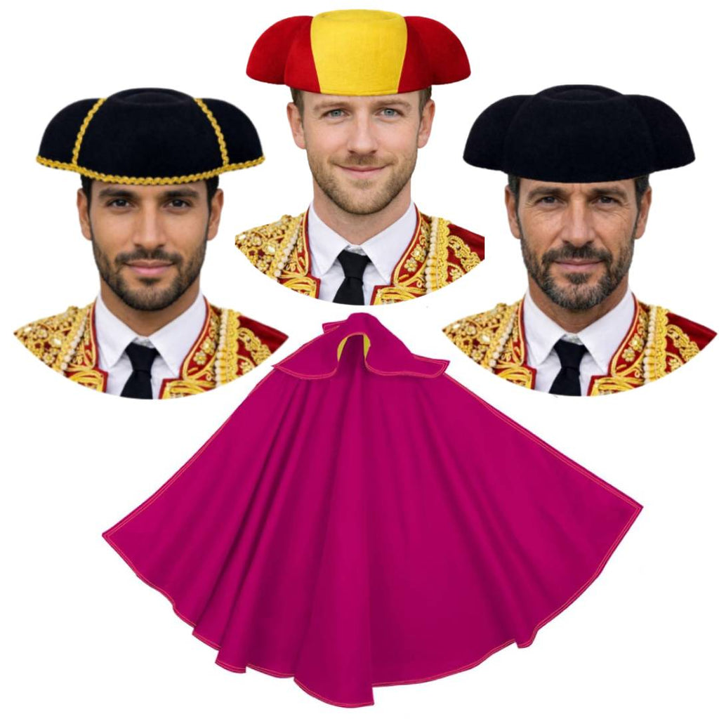 Kit Torero Español Adulto: Capote Rosa 145x70cm y Montera Ajustable para Disfraz Carnaval, Halloween y Ferias (2 Piezas)
