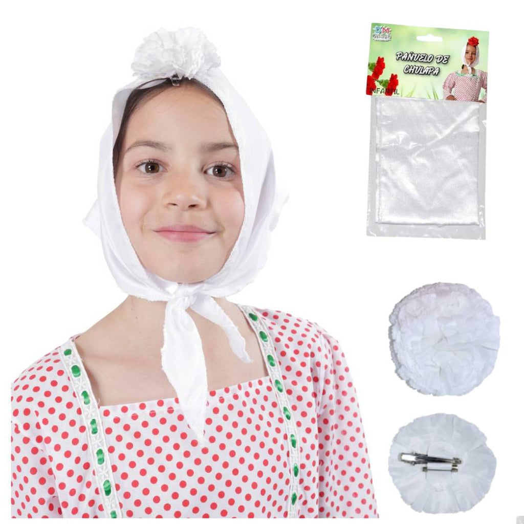 Lote 24 Accesorios Disfraz Chulapa: 12 Pañuelos Blancos + 12 Claveles (Rojo/Rosa/Blanco) para Niña. Pack Ahorro Fiesta Temática.