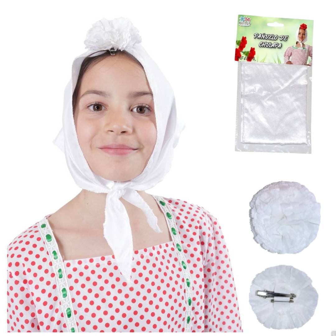 Lote 24 Accesorios Disfraz Chulapa: 12 Pañuelos Blancos + 12 Claveles (Rojo/Rosa/Blanco) para Niña. Pack Ahorro Fiesta Temática.