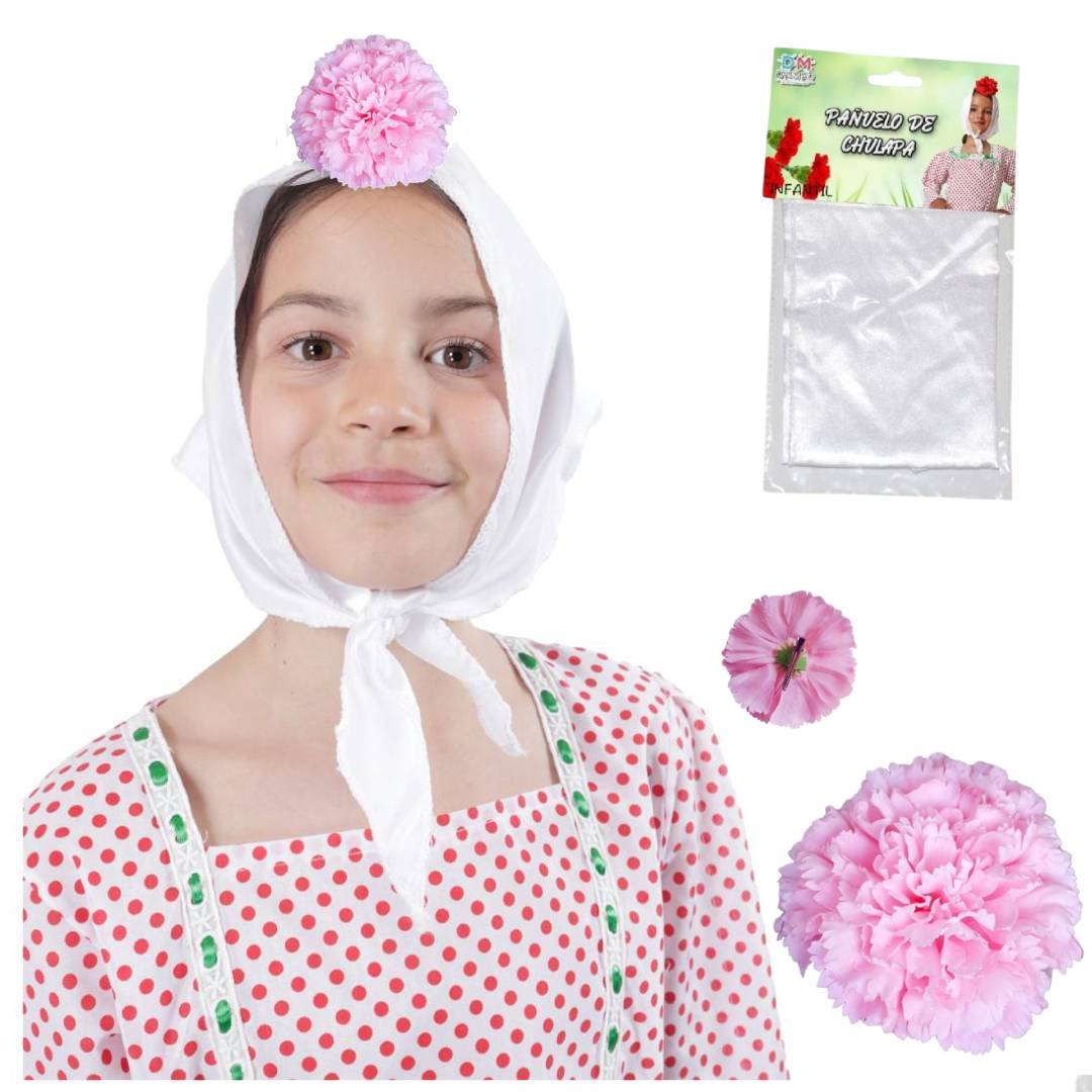 Lote 24 Accesorios Disfraz Chulapa: 12 Pañuelos Blancos + 12 Claveles (Rojo/Rosa/Blanco) para Niña. Pack Ahorro Fiesta Temática.