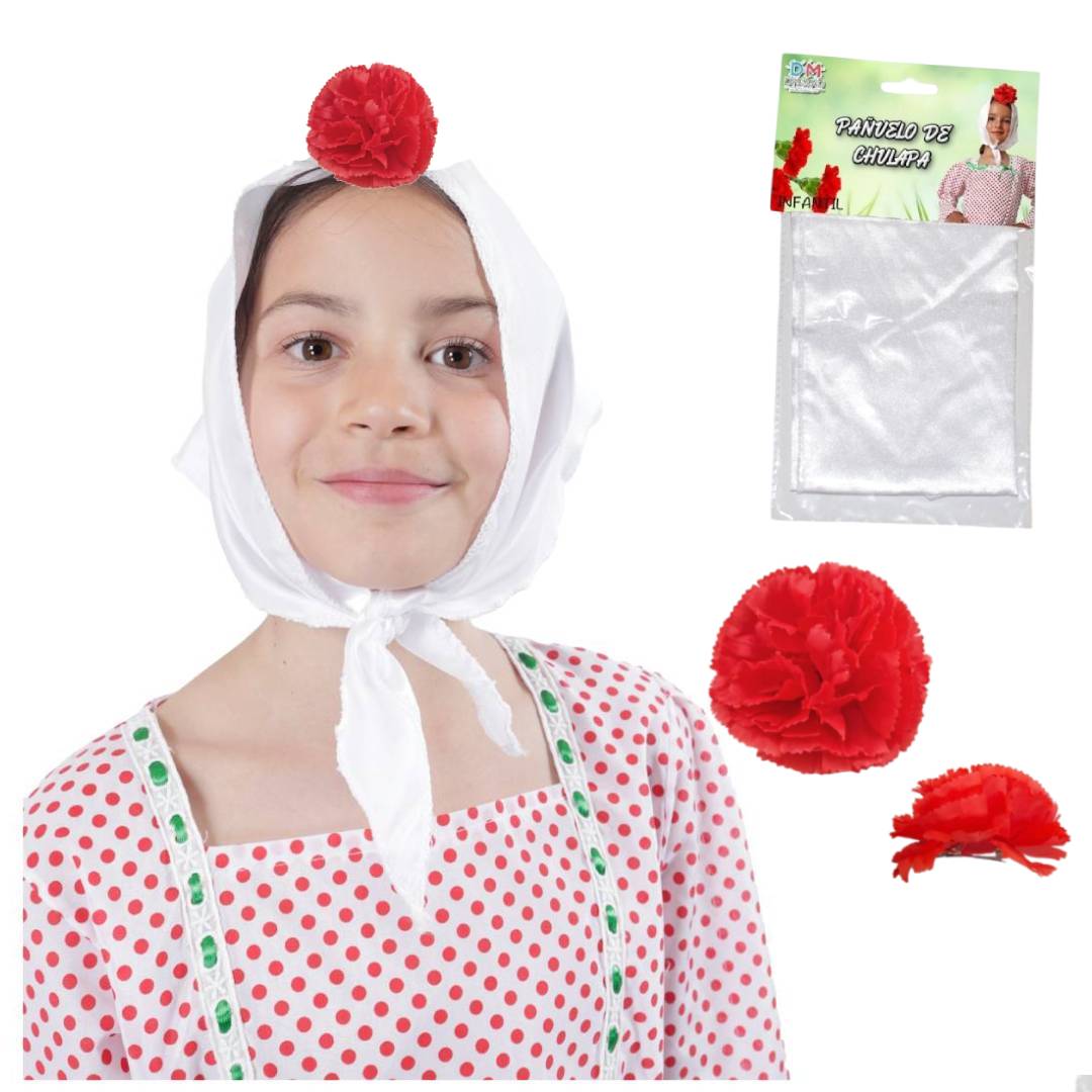 Lote 24 Accesorios Disfraz Chulapa: 12 Pañuelos Blancos + 12 Claveles (Rojo/Rosa/Blanco) para Niña. Pack Ahorro Fiesta Temática.