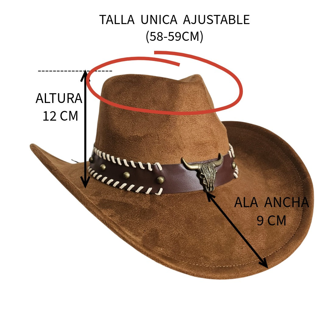 Sombrero Vaquero Estilo Western de Ala Ancha - Sombrero Cowboy de Gamuza Sintética Ajustable para Adulto - Accesorio Premium para Carnaval, Halloween y Eventos Temáticos - Marrón Rústico