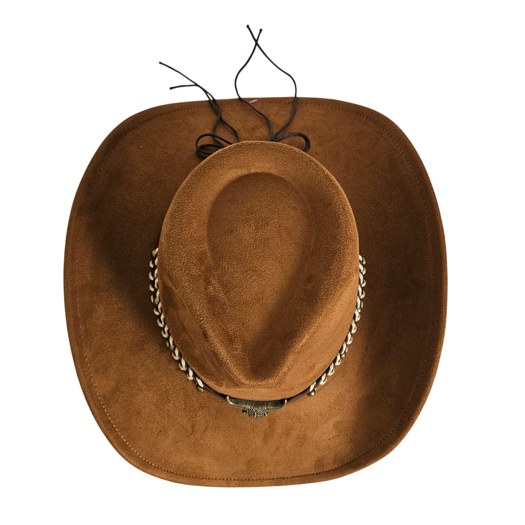 Sombrero Vaquero Estilo Western de Ala Ancha - Sombrero Cowboy de Gamuza Sintética Ajustable para Adulto - Accesorio Premium para Carnaval, Halloween y Eventos Temáticos - Marrón Rústico