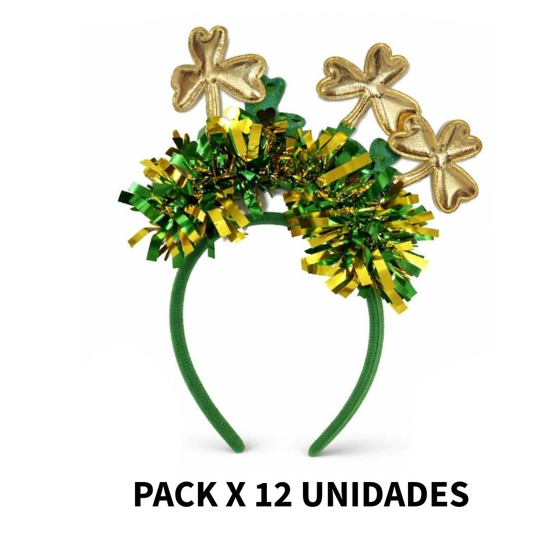 Pack 12 Vinchas San Patricio Tréboles Dorados y Verdes - Diademas con Brillo y Flecos para Carnaval, Despedidas, Fiestas Temáticas y Fotomatón - Accesorios de Disfraz Grupal Premium
