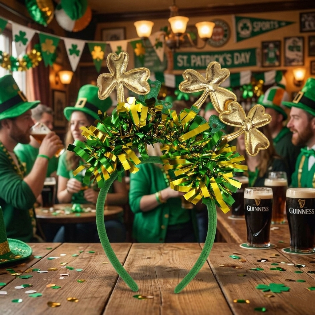 Pack 12 Vinchas San Patricio Tréboles Dorados y Verdes - Diademas con Brillo y Flecos para Carnaval, Despedidas, Fiestas Temáticas y Fotomatón - Accesorios de Disfraz Grupal Premium