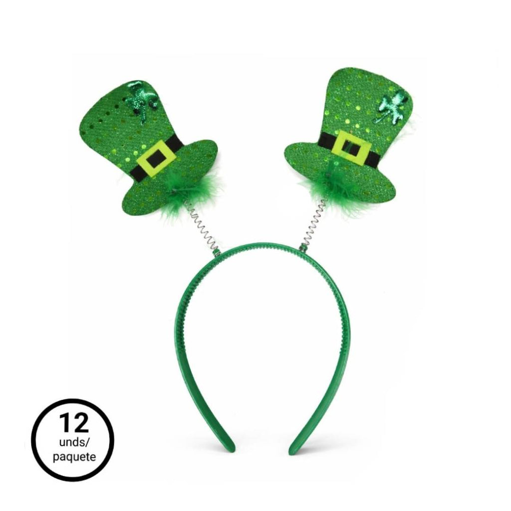 Pack 12 Diademas San Patricio - Sombreros de Duende con Brillo y Muelle | Accesorios Photocall St. Patrick's Day | Talla Única Ajustable Verde
