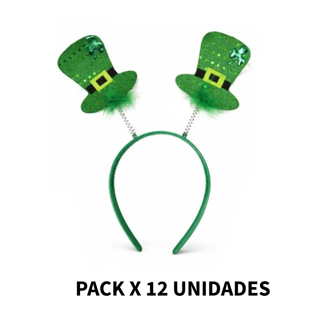 Pack 12 Diademas San Patricio - Sombreros de Duende con Brillo y Muelle | Accesorios Photocall St. Patrick's Day | Talla Única Ajustable Verde