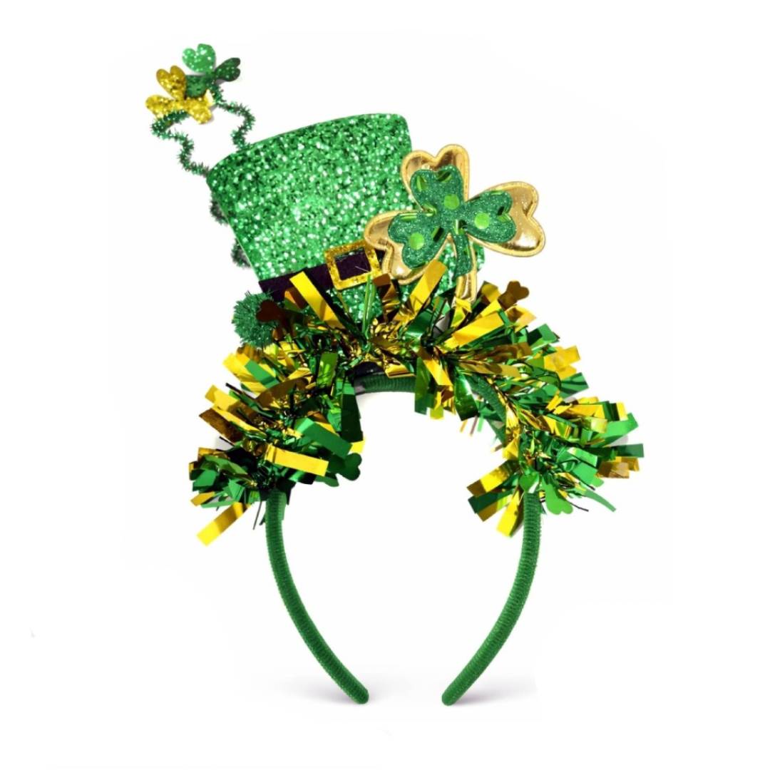 Pack 12 Diademas de San Patricio con Sombrero Leprechaun Brillante y Tréboles – Accesorio Premium para Fiestas, Carnaval y Disfraces Grupales – Diadema Saint Patrick's Day Glitter