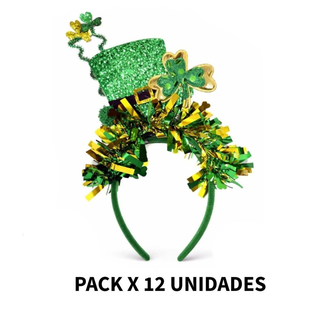 Pack 12 Diademas de San Patricio con Sombrero Leprechaun Brillante y Tréboles – Accesorio Premium para Fiestas, Carnaval y Disfraces Grupales – Diadema Saint Patrick's Day Glitter