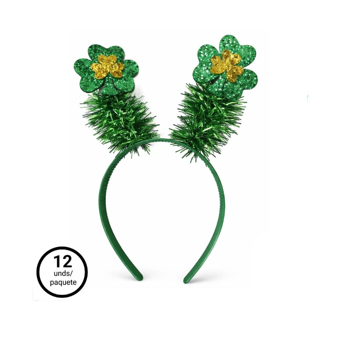 Pack 12 Diademas de San Patricio con Tréboles de Purpurina y Oropel | Accesorio de Disfraz Irlandés Talla Única Ajustable | Lote para Grupos, Fiestas Temáticas y Carnavales | Color Verde y Dorado Premium