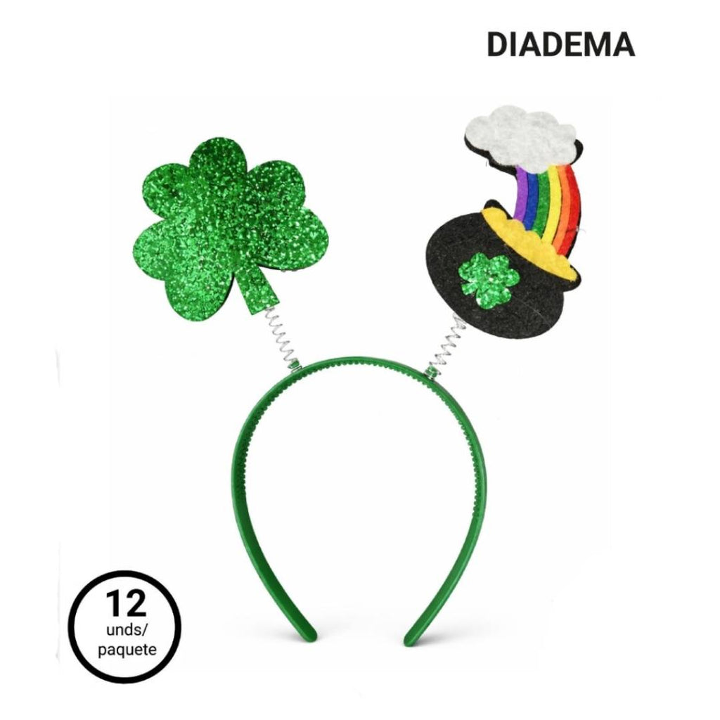 Pack 12 Diademas San Patricio - Accesorio de Disfraz Trébol y Caldero Arcoíris - Complemento Fiesta Temática, Carnaval y Photocall - Talla Única Ajustable (12 Unidades)